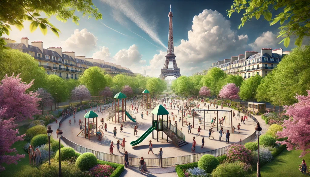 A vibrant spring day at the Champ de Mars one of the best playground in Paris, with children playing, lush green trees, blooming flowers, and the Eiffel Tower in the background.