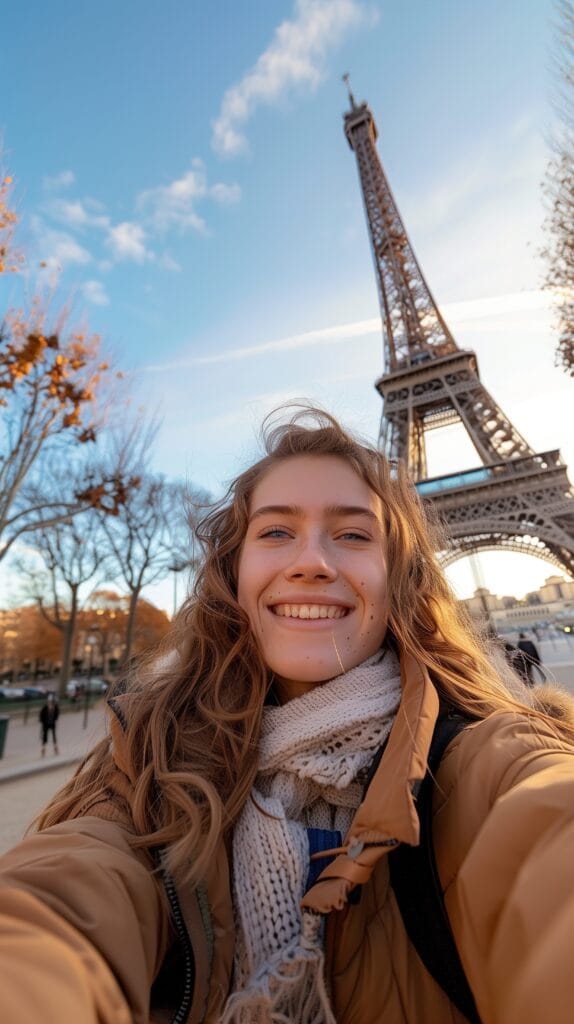 Teen snaps joyful selfie with the Eiffel Tower during a Paris family vacation Teenage in Paris taking a selfie during a Paris family vacation