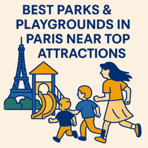 Illustration of children running toward a playground near the Eiffel Tower in Paris — a guide to the best playgrounds in Paris for families with kids.