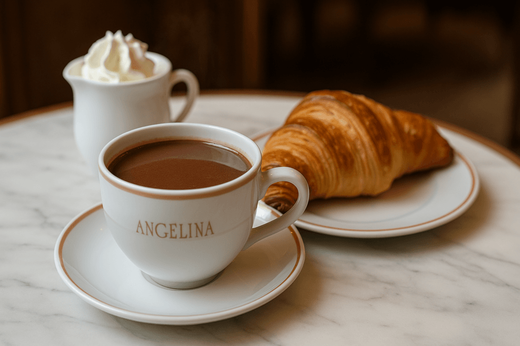 Viral Hot Chocolate Paris- Angelina Classic viral hot chocolate Paris: Angelina's hot chocolate served with a side of whipped cream and a flaky butter croissant on a white café table