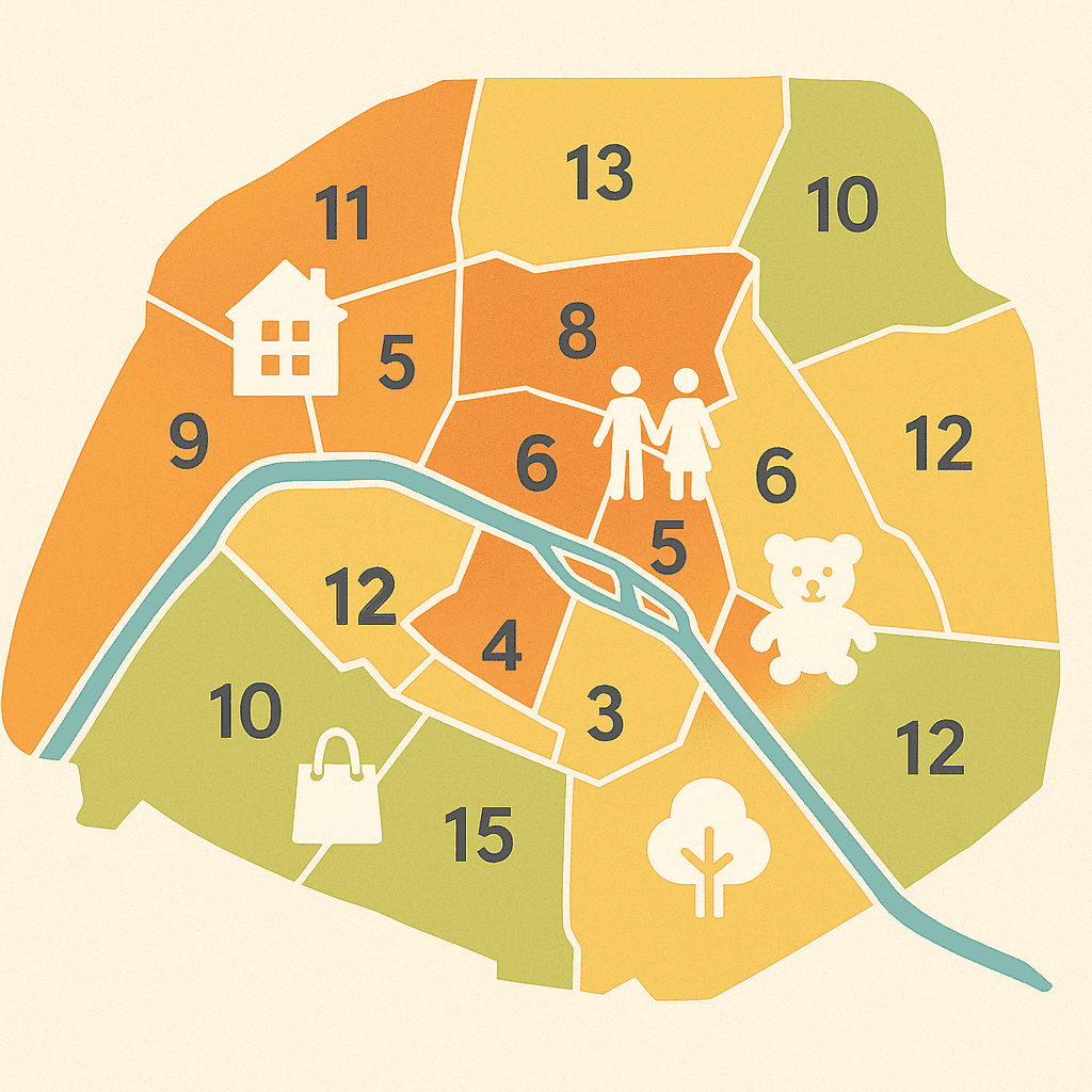Best Arrondissement in Paris for Families – Illustrated Map Illustrated map of Paris showing the best arrondissement in Paris for families with playful icons in top kid-friendly neighborhoods