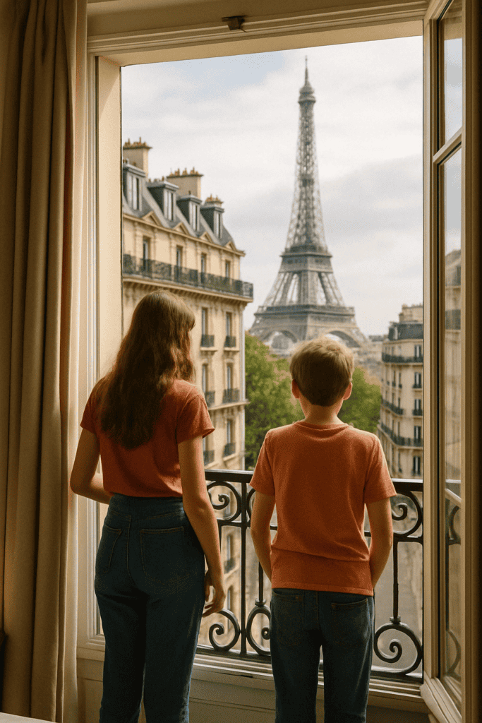 Two children standing on a Paris balcony with a view of the Eiffel Tower—capturing the charm of cheap accommodation in Paris for families