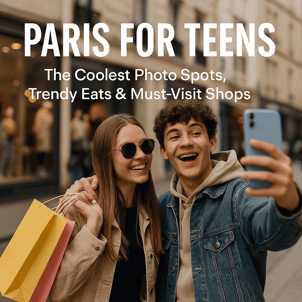 Fun Things to Do in Paris with Teenagers – Shopping, Food & Photo Spots Teenagers shopping and taking selfies on a Paris street, perfect for fun things to do in Paris with Teenagers
