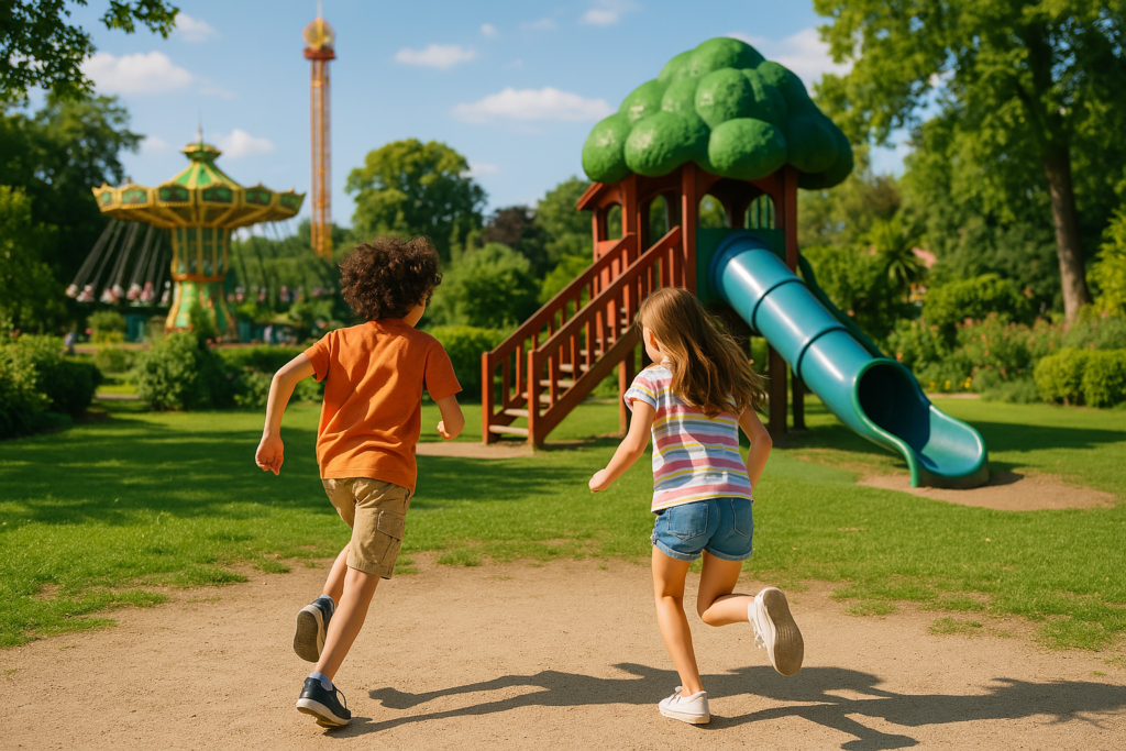 Best Playgrounds Paris – Jardin d’Acclimatation Fun for Kids Two children running toward one of the best playgrounds Paris offers unique playgrounds like Jardin d’Acclimatation perfect on a sunny summer day