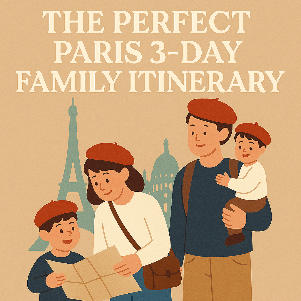 Illustration of a family exploring Paris with a map, featuring the Eiffel Tower and Sacré-Cœur — ideal for Paris itinerary 3 days family trip
