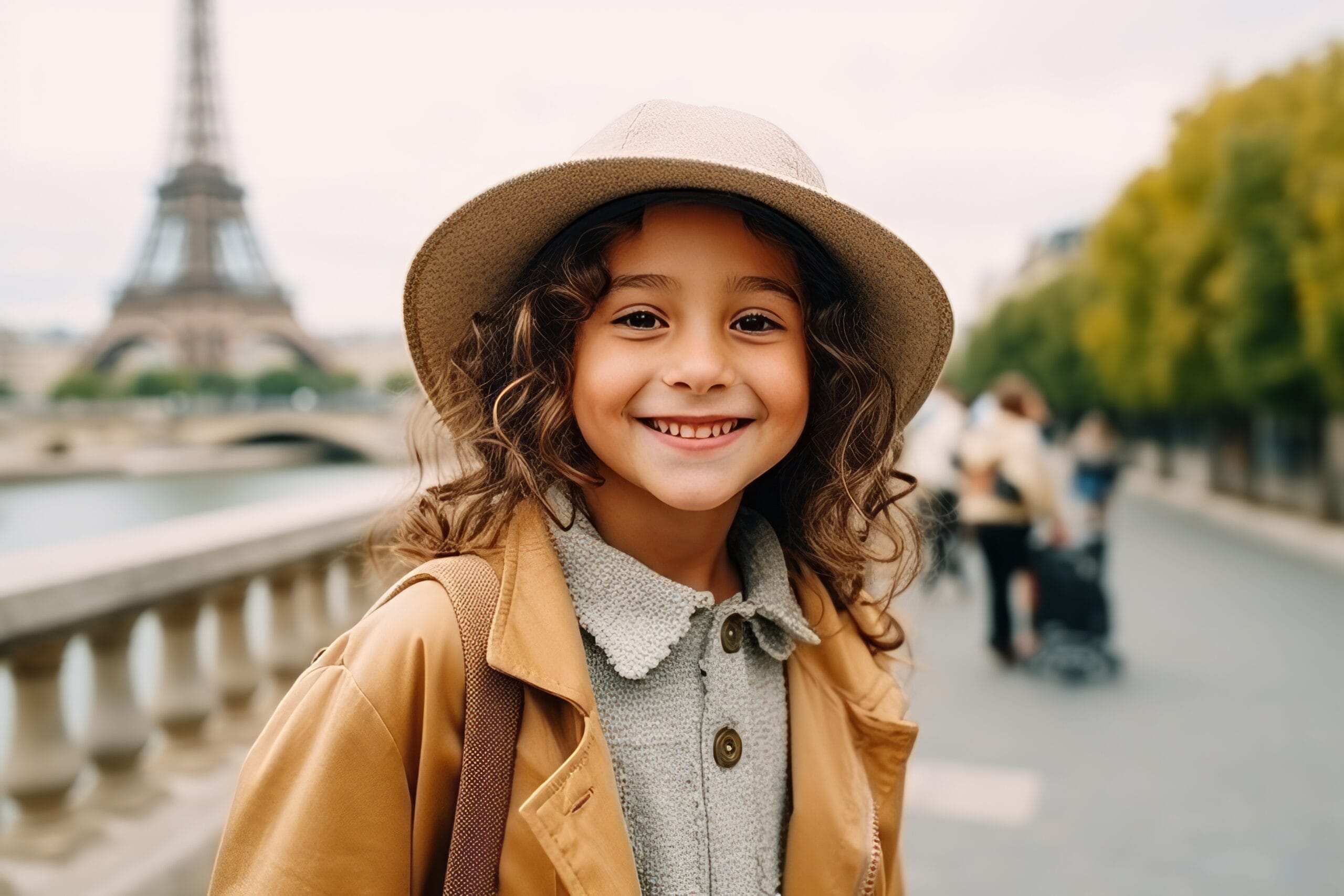smiling tween girl in Paris near Eiffel Tower – things to do in paris with tweens