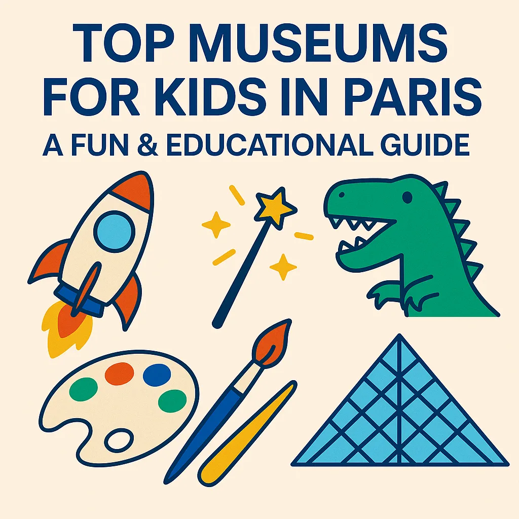 Illustration of a child-friendly museum scene featuring science exhibits, dinosaurs, and art displays — visual for a Paris guide to the best museums for kids.