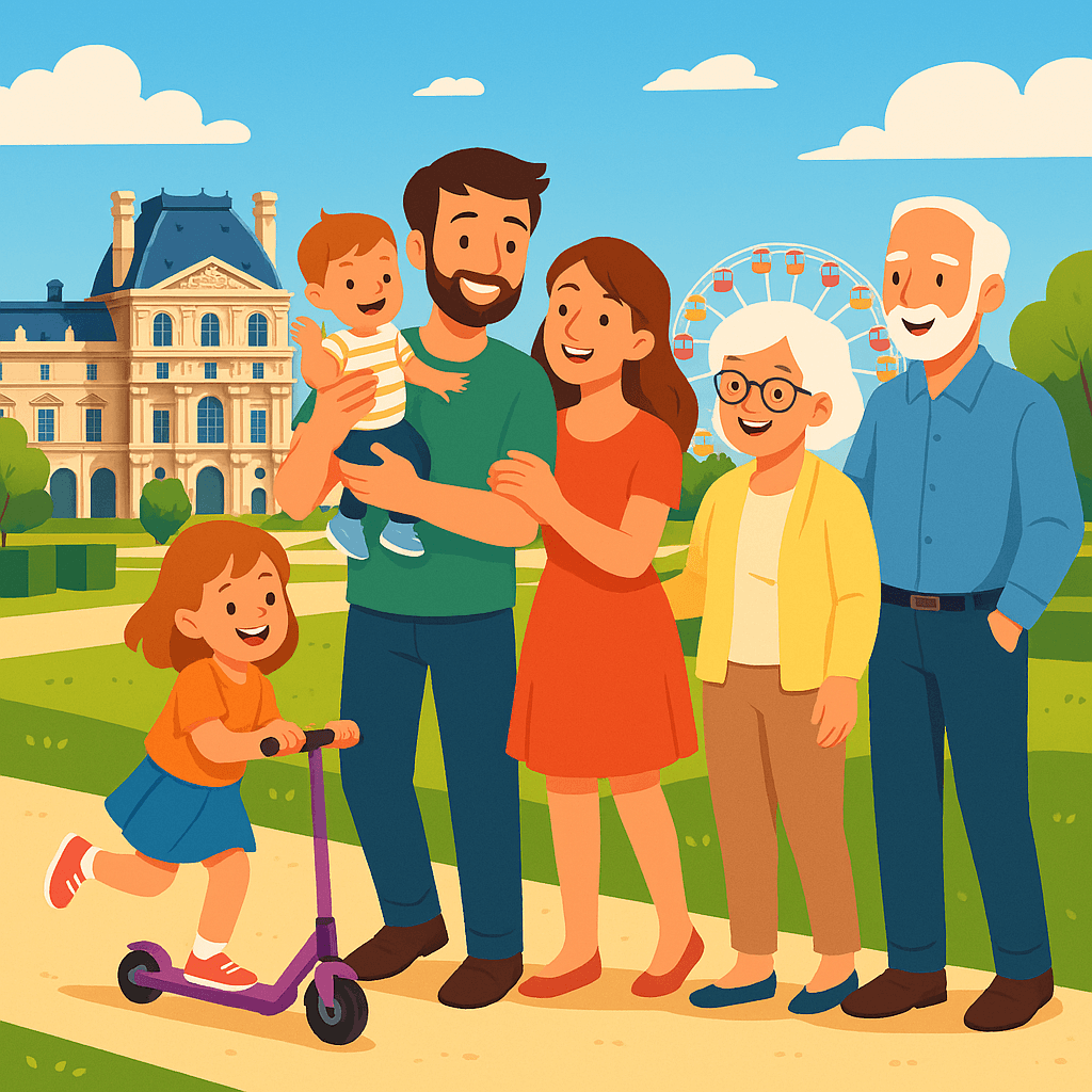 Top Things to See and Do in Paris for Families – Illustrated 2025 Guide Illustration of a happy multigenerational family illustrating top things to see and do in Paris France, including the Louvre Museum and Jardin d'Acclimatation.