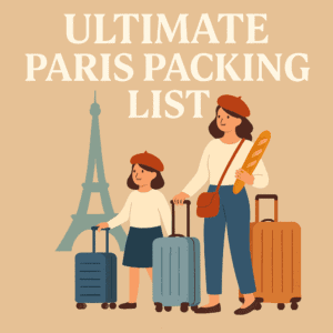 Illustration of a mom and child packing for their Paris family vacation with suitcases and Eiffel Tower in the background — ultimate Paris packing list image.