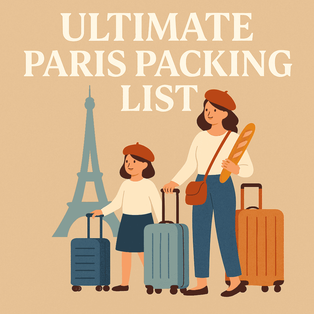 Illustration of a mom and child packing for their Paris family vacation with suitcases and Eiffel Tower in the background — ultimate Paris packing list image.